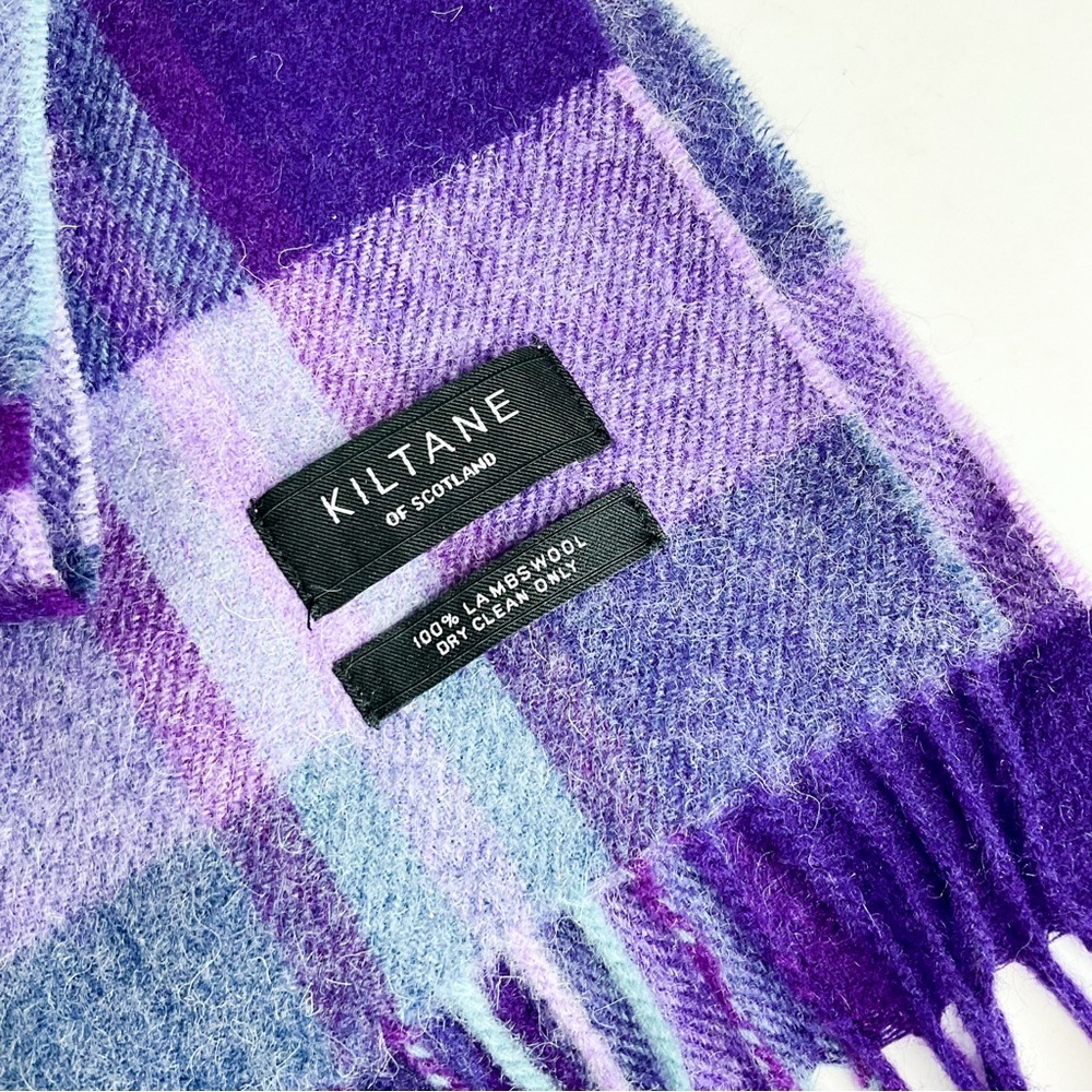 KILTANE of Scotland Purple Blue Plaid Wool Scarf | Fringe Detail - Picture 4 of 6